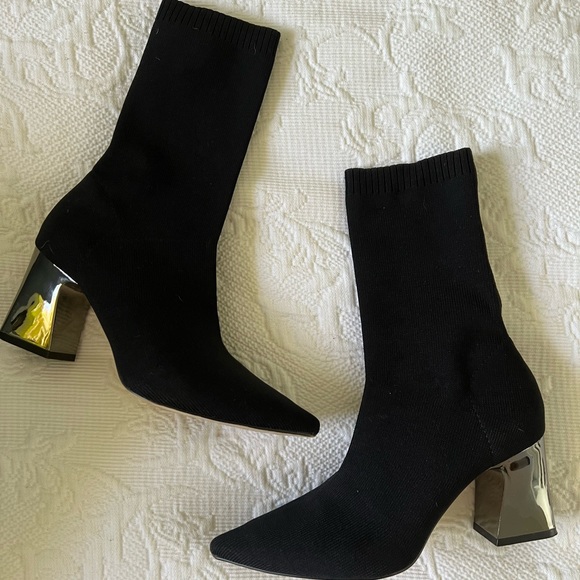 Zara Black Sock Boots Mirrored Silver Block Heel Size 5 - Picture 4 of 5
